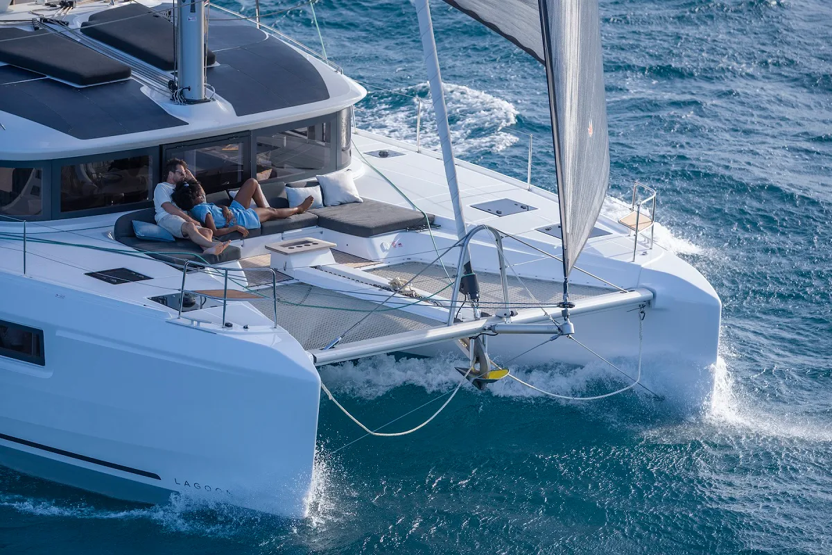 Exterior view of Princess Hana, a Lagoon 51 catamaran at Grad Trogir, Croatia