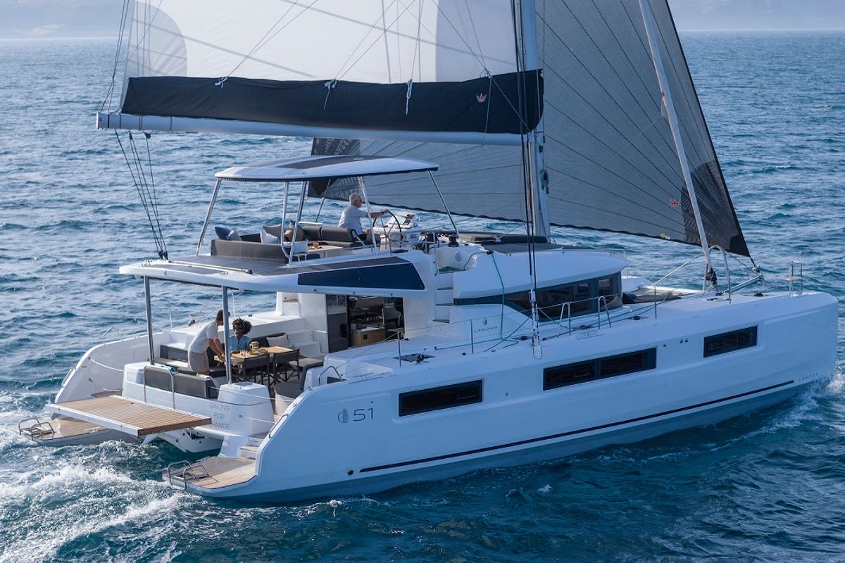 Exterior view of Princess Hana, a Lagoon 51 catamaran at Grad Trogir, Croatia