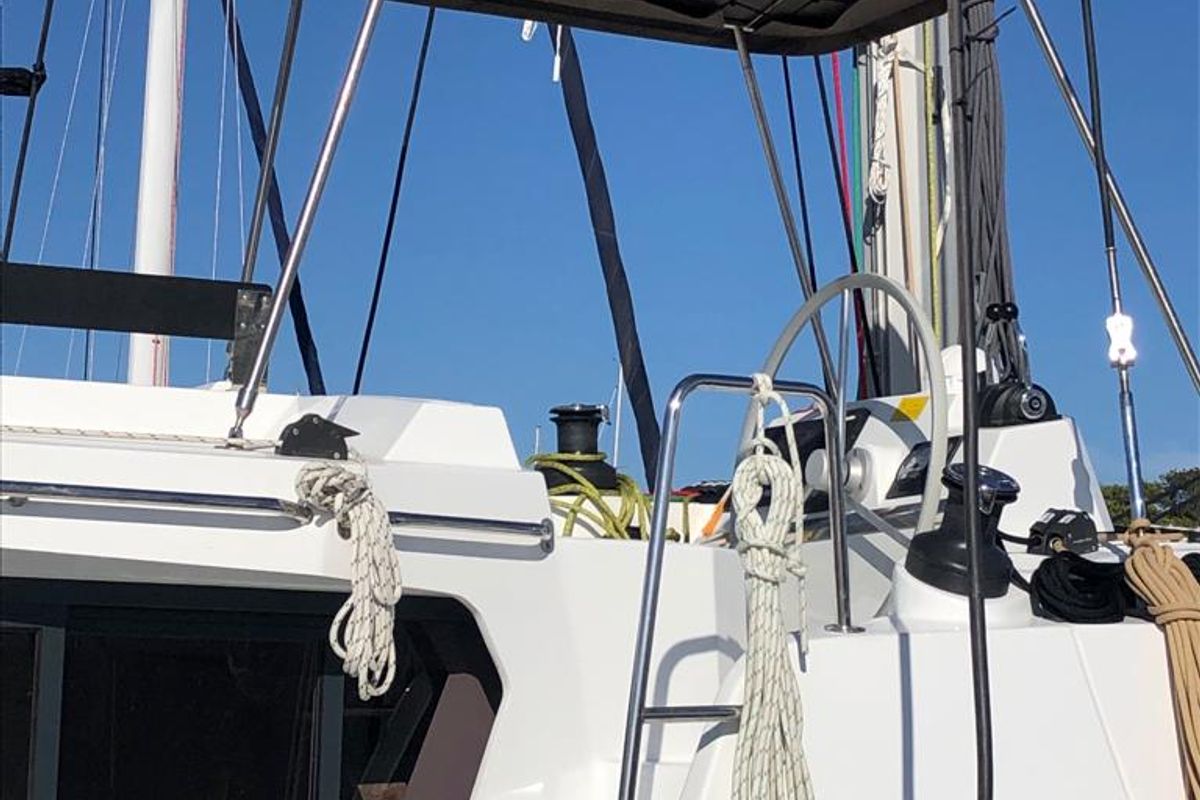 Deck of Arveskida II, a Bali 4.2 catamaran at Figari/Golfo Aranci, Italy