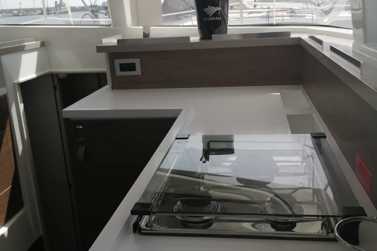 Galley of Arveskida II, a Bali 4.2 catamaran at Figari/Golfo Aranci, Italy