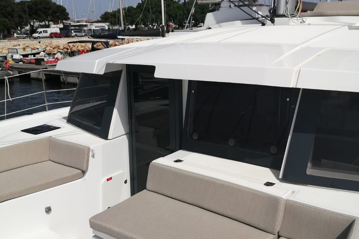 Deck of Arveskida II, a Bali 4.2 catamaran at Figari/Golfo Aranci, Italy