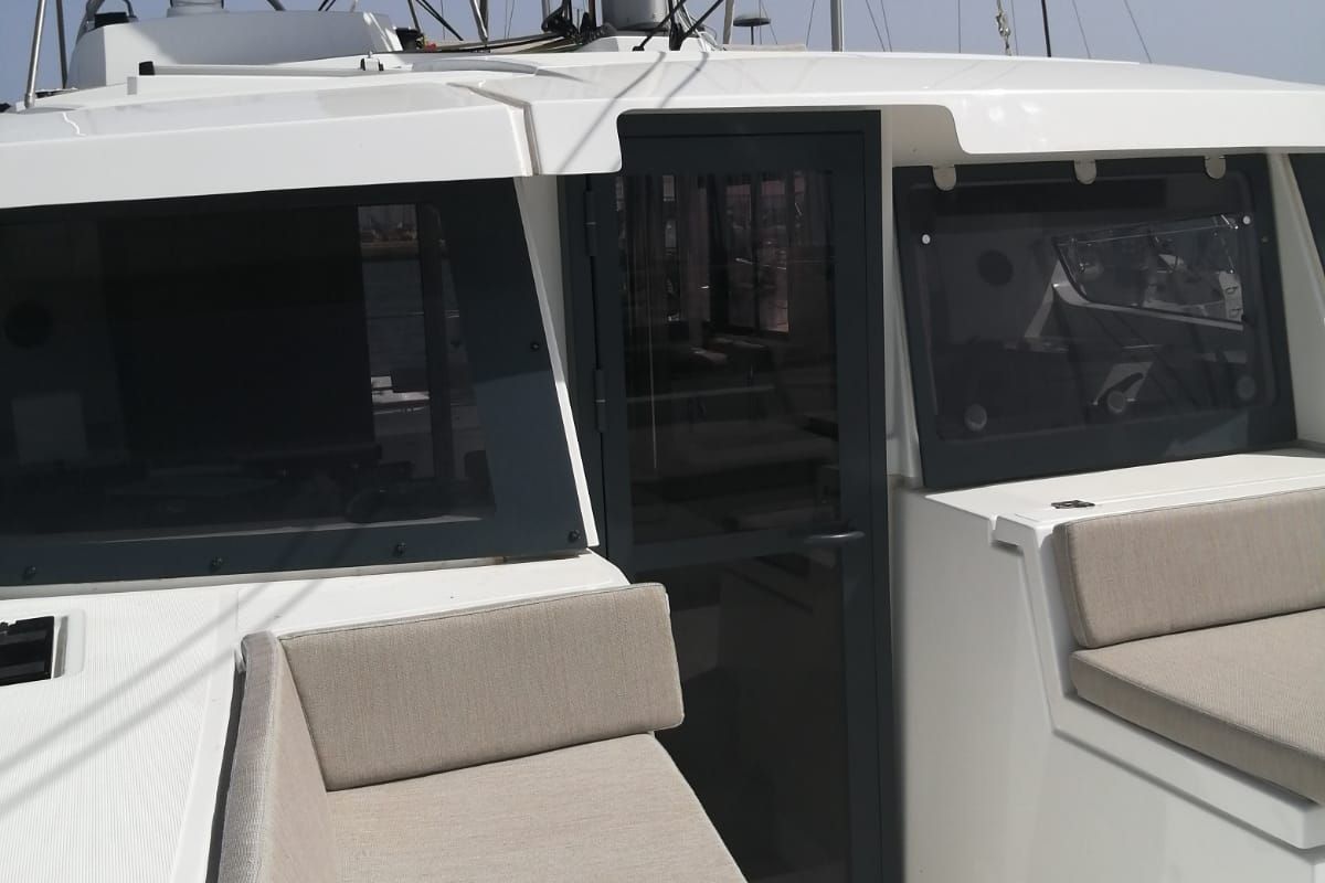 Deck of Arveskida II, a Bali 4.2 catamaran at Figari/Golfo Aranci, Italy