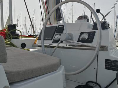 Cockpit of Arveskida II, a Bali 4.2 catamaran at Figari/Golfo Aranci, Italy