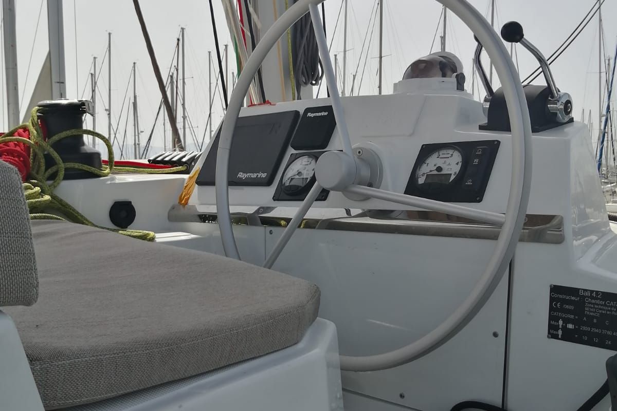 Cockpit of Arveskida II, a Bali 4.2 catamaran at Figari/Golfo Aranci, Italy