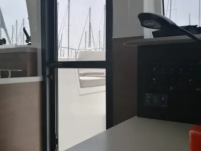 Salon of Arveskida II, a Bali 4.2 catamaran at Figari/Golfo Aranci, Italy