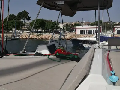 Deck of Arveskida II, a Bali 4.2 catamaran at Figari/Golfo Aranci, Italy