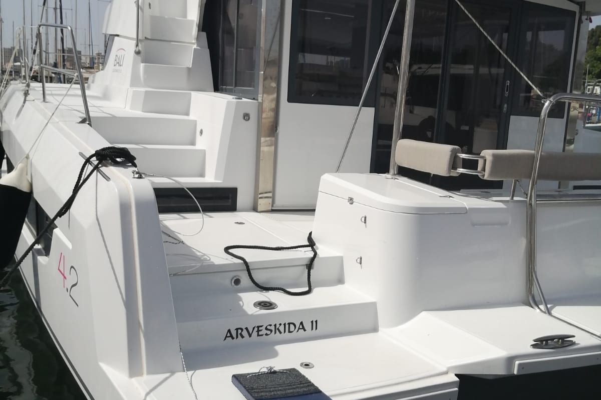 Deck of Arveskida II, a Bali 4.2 catamaran at Figari/Golfo Aranci, Italy