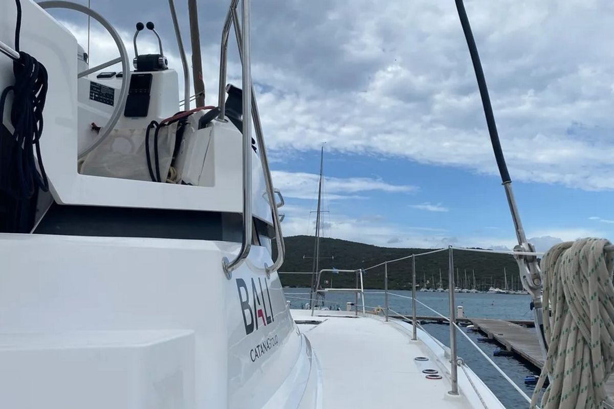 Deck of Tursiops, a Bali Catspace catamaran at Olbia, Italy
