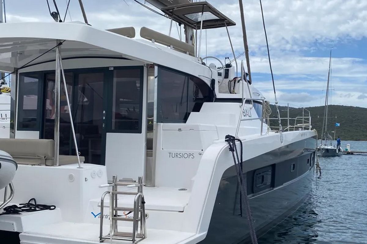 Exterior view of Tursiops, a Bali Catspace catamaran at Olbia, Italy