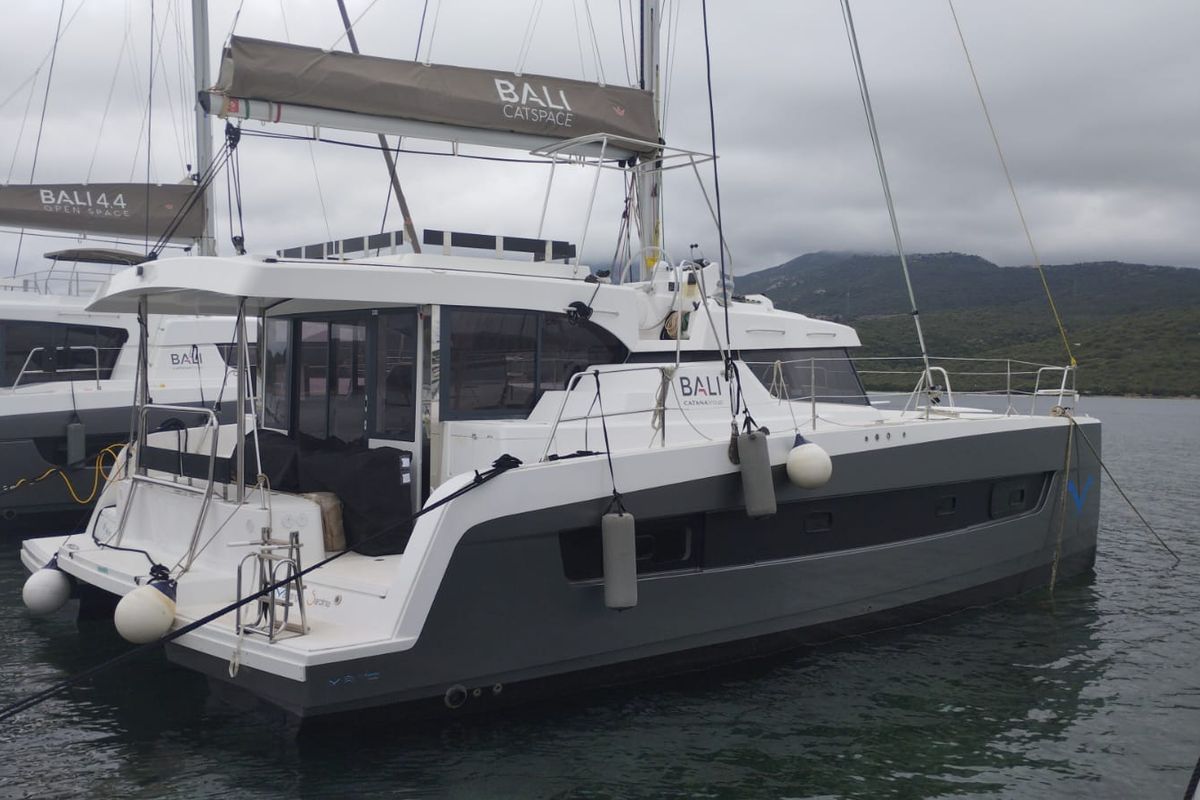 Exterior view of Tursiops, a Bali Catspace catamaran at Olbia, Italy