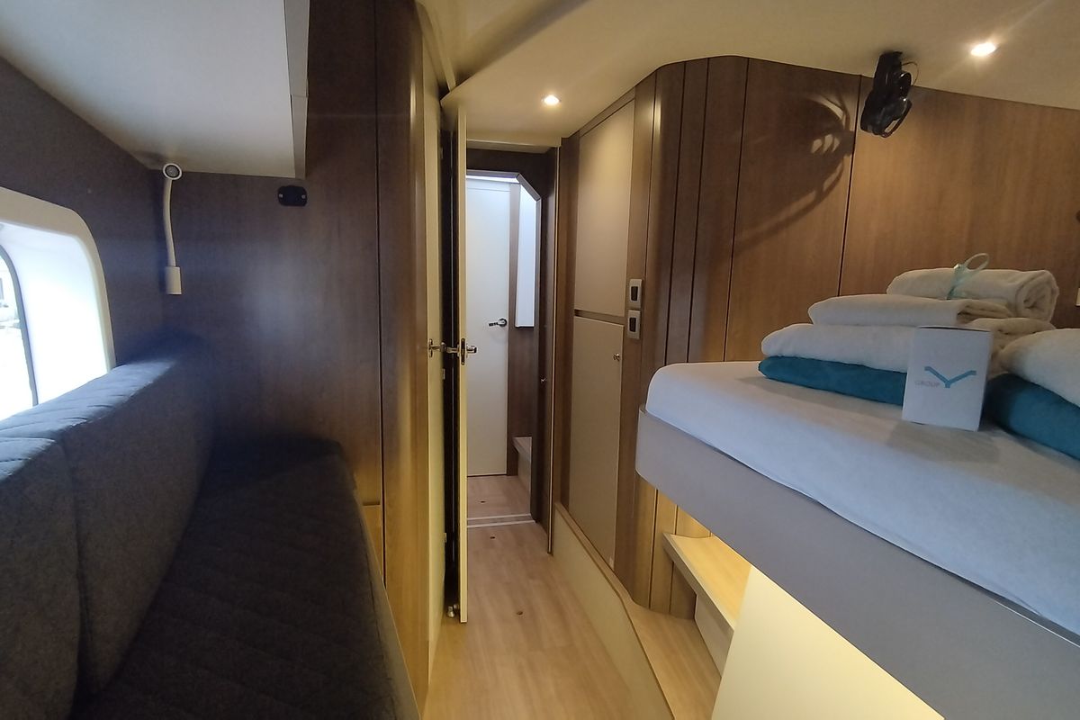 Cabin on Tursiops, a Bali Catspace catamaran at Olbia, Italy