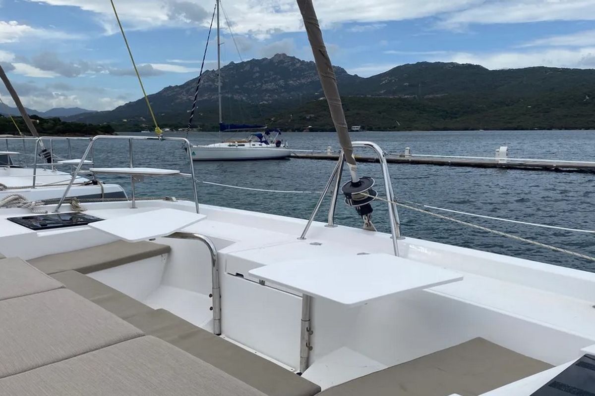 Deck of Tursiops, a Bali Catspace catamaran at Olbia, Italy