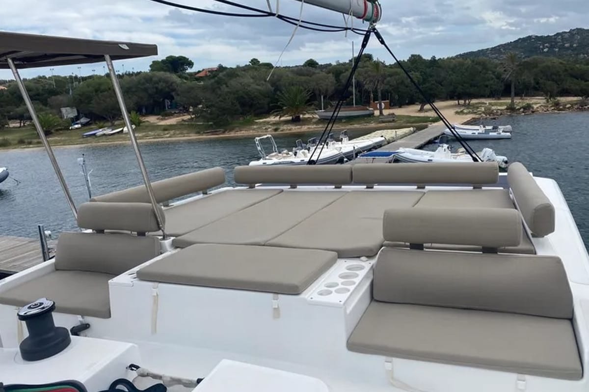 Cockpit of Tursiops, a Bali Catspace catamaran at Olbia, Italy