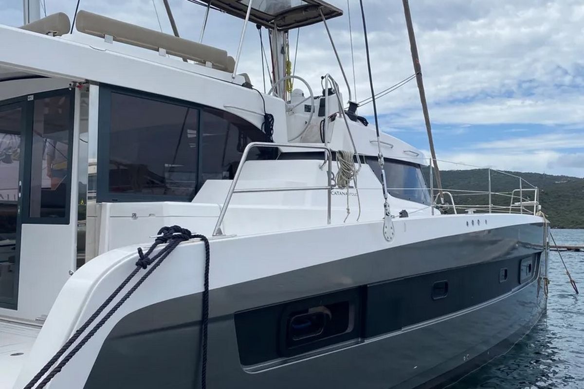 Exterior view of Tursiops, a Bali Catspace catamaran at Olbia, Italy