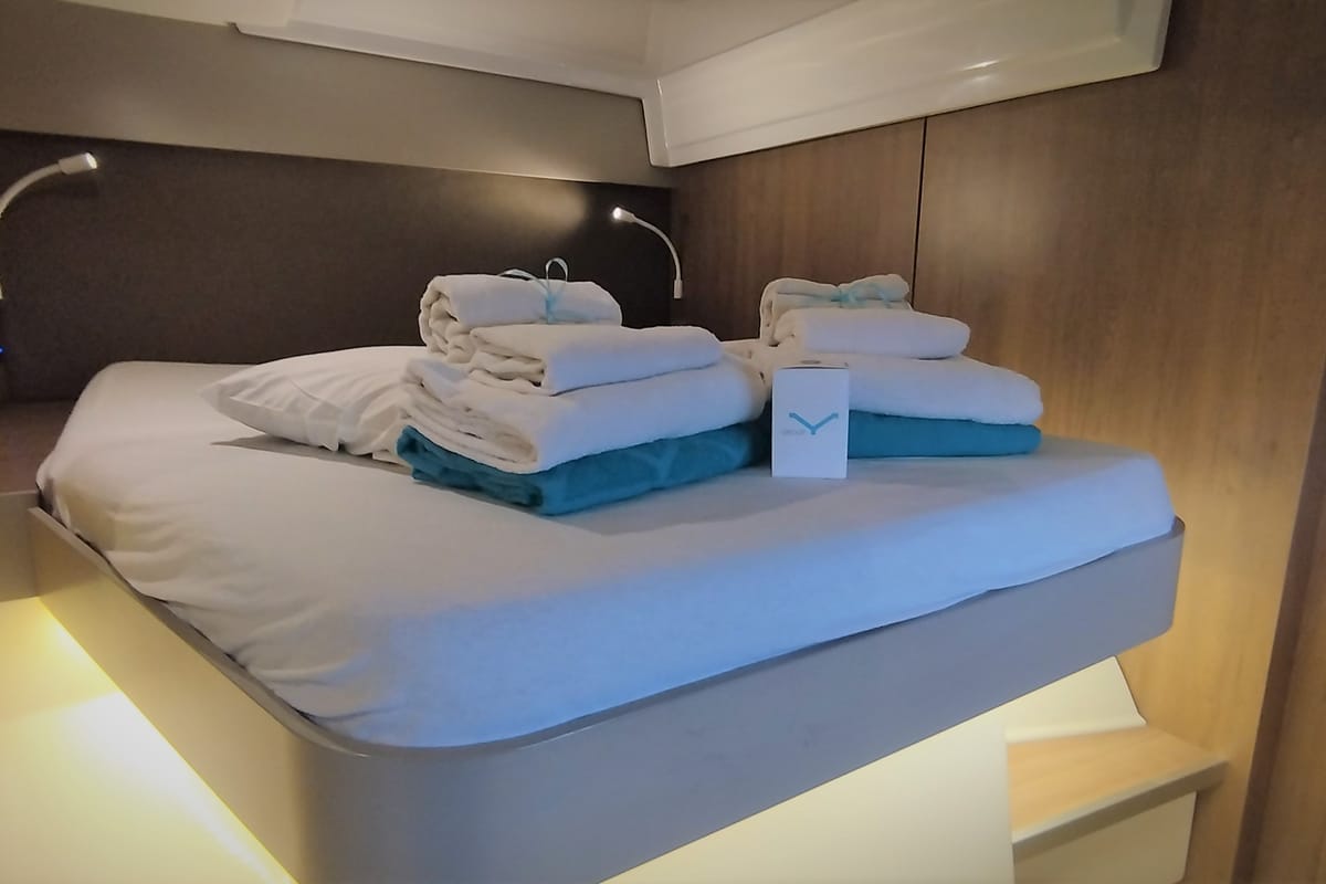 Cabin on Tursiops, a Bali Catspace catamaran at Olbia, Italy