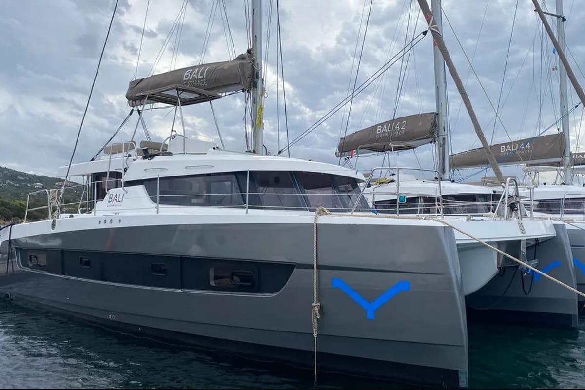 Exterior view of Tursiops, a Bali Catspace catamaran at Olbia, Italy