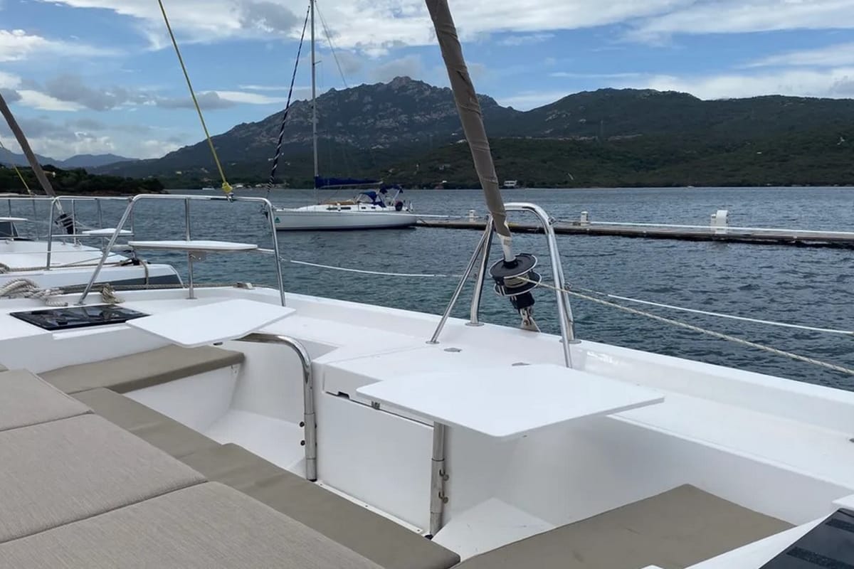 Deck of Tursiops, a Bali Catspace catamaran at Olbia, Italy