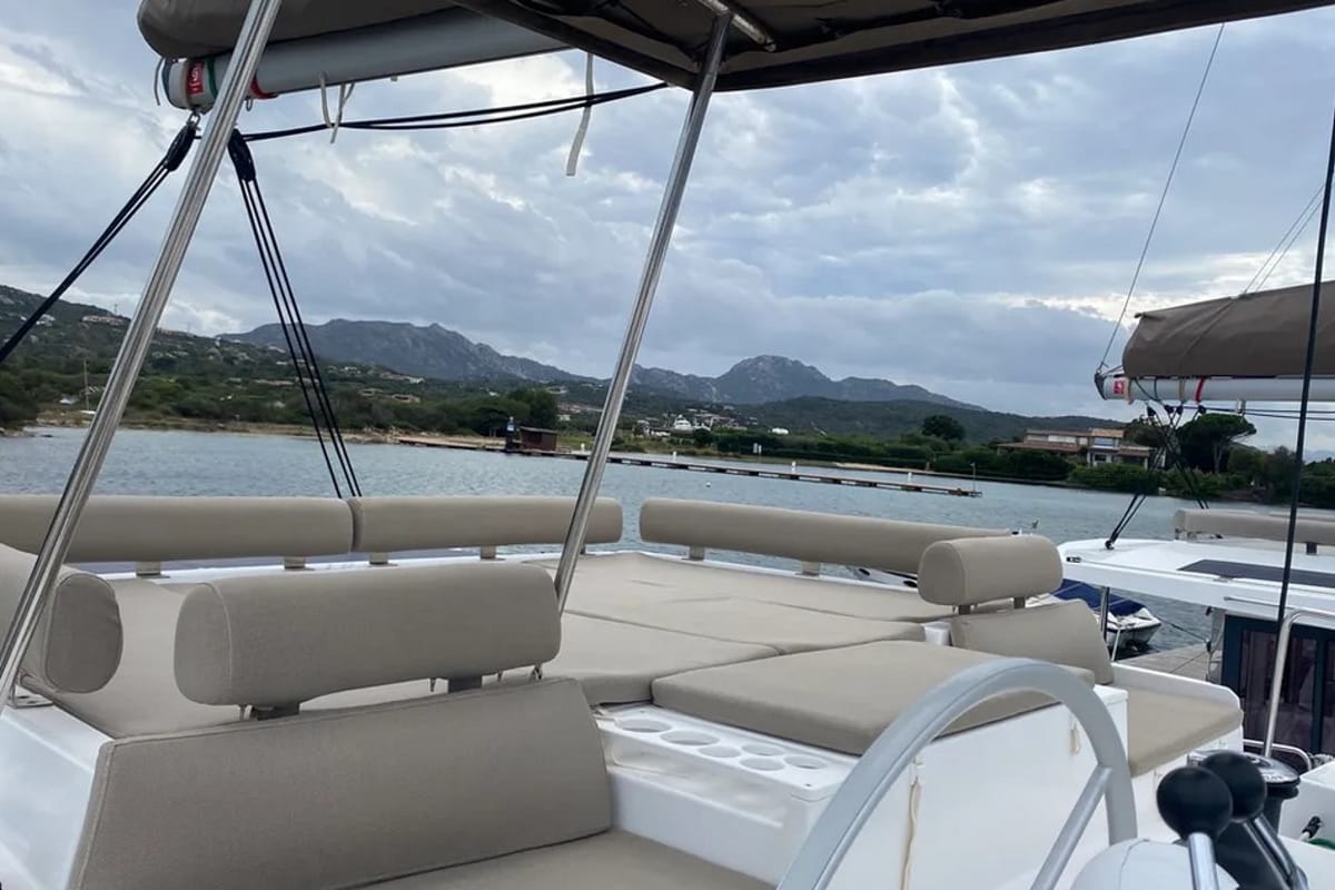 Deck of Tursiops, a Bali Catspace catamaran at Olbia, Italy