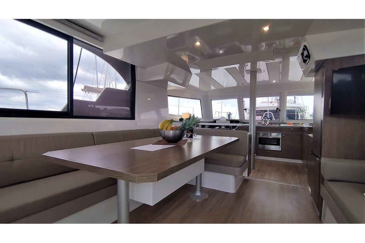 Salon of Tursiops, a Bali Catspace catamaran at Olbia, Italy