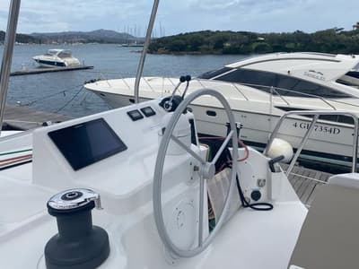 Cockpit of Tursiops, a Bali Catspace catamaran at Olbia, Italy