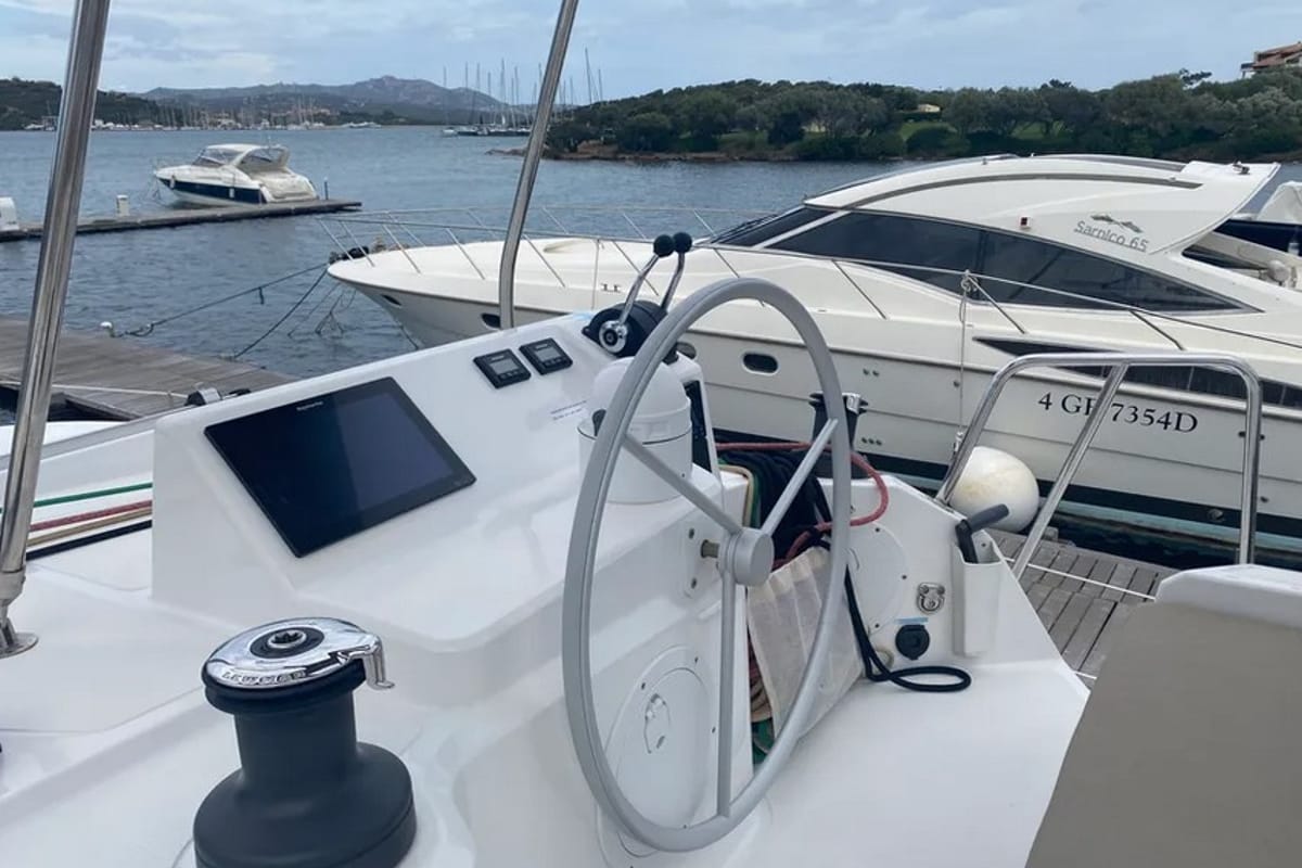 Cockpit of Tursiops, a Bali Catspace catamaran at Olbia, Italy