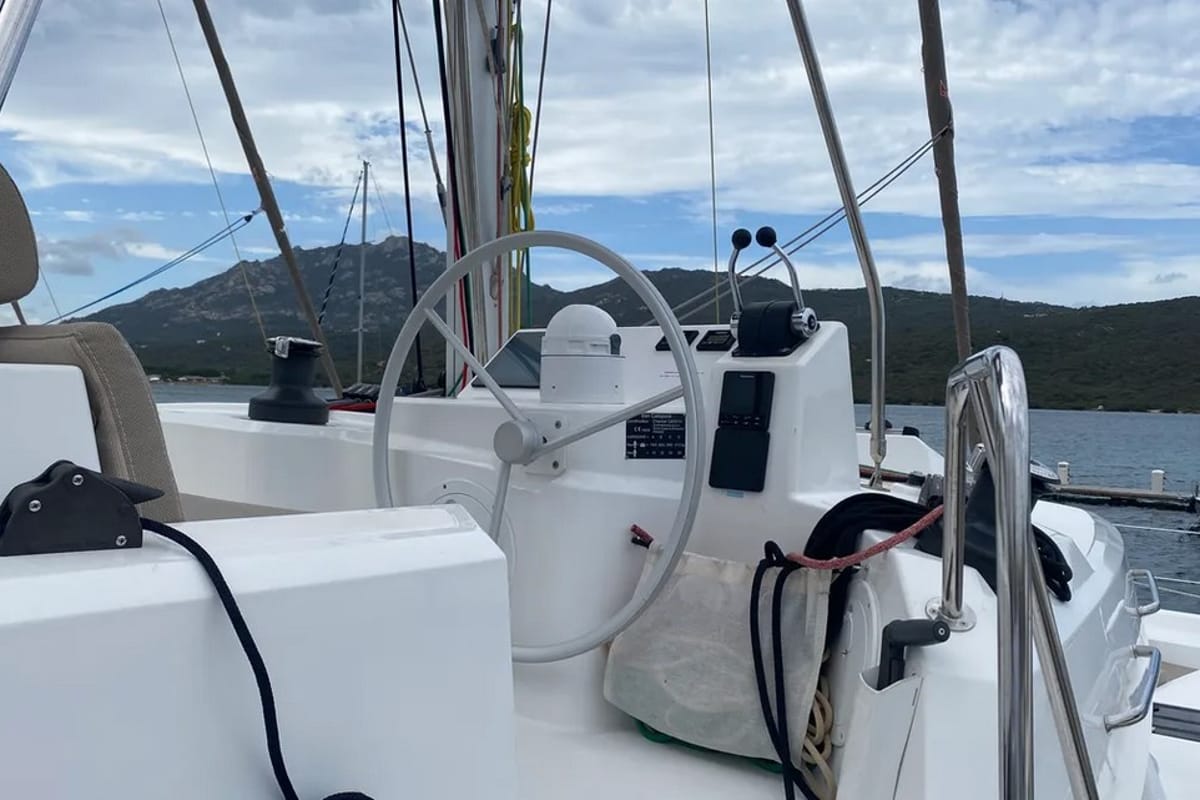 Cockpit of Tursiops, a Bali Catspace catamaran at Olbia, Italy