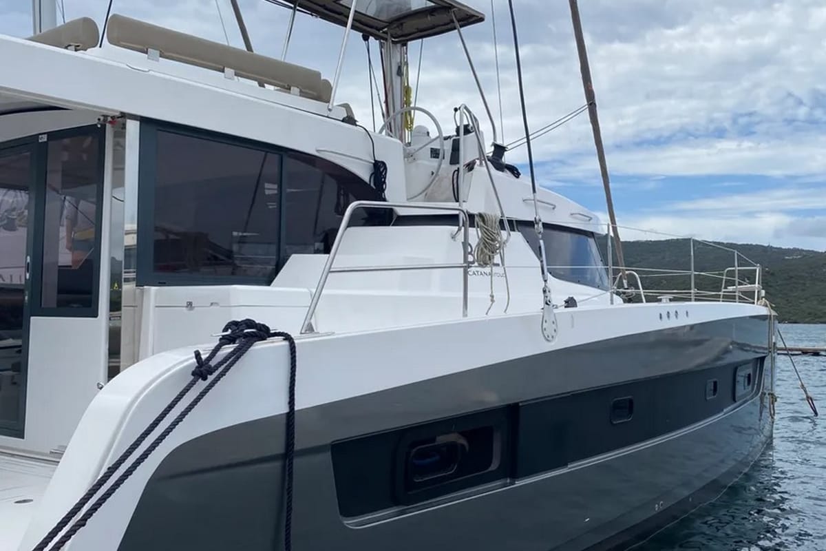 Exterior view of Tursiops, a Bali Catspace catamaran at Olbia, Italy