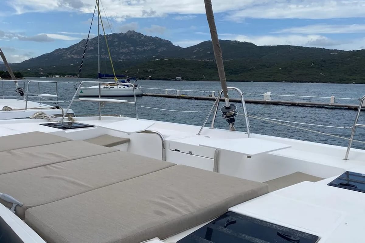 Deck of Tursiops, a Bali Catspace catamaran at Olbia, Italy