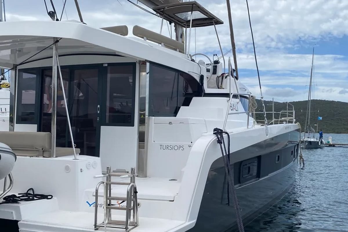 Exterior view of Tursiops, a Bali Catspace catamaran at Olbia, Italy
