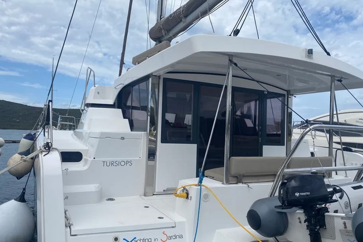 Exterior view of Tursiops, a Bali Catspace catamaran at Olbia, Italy