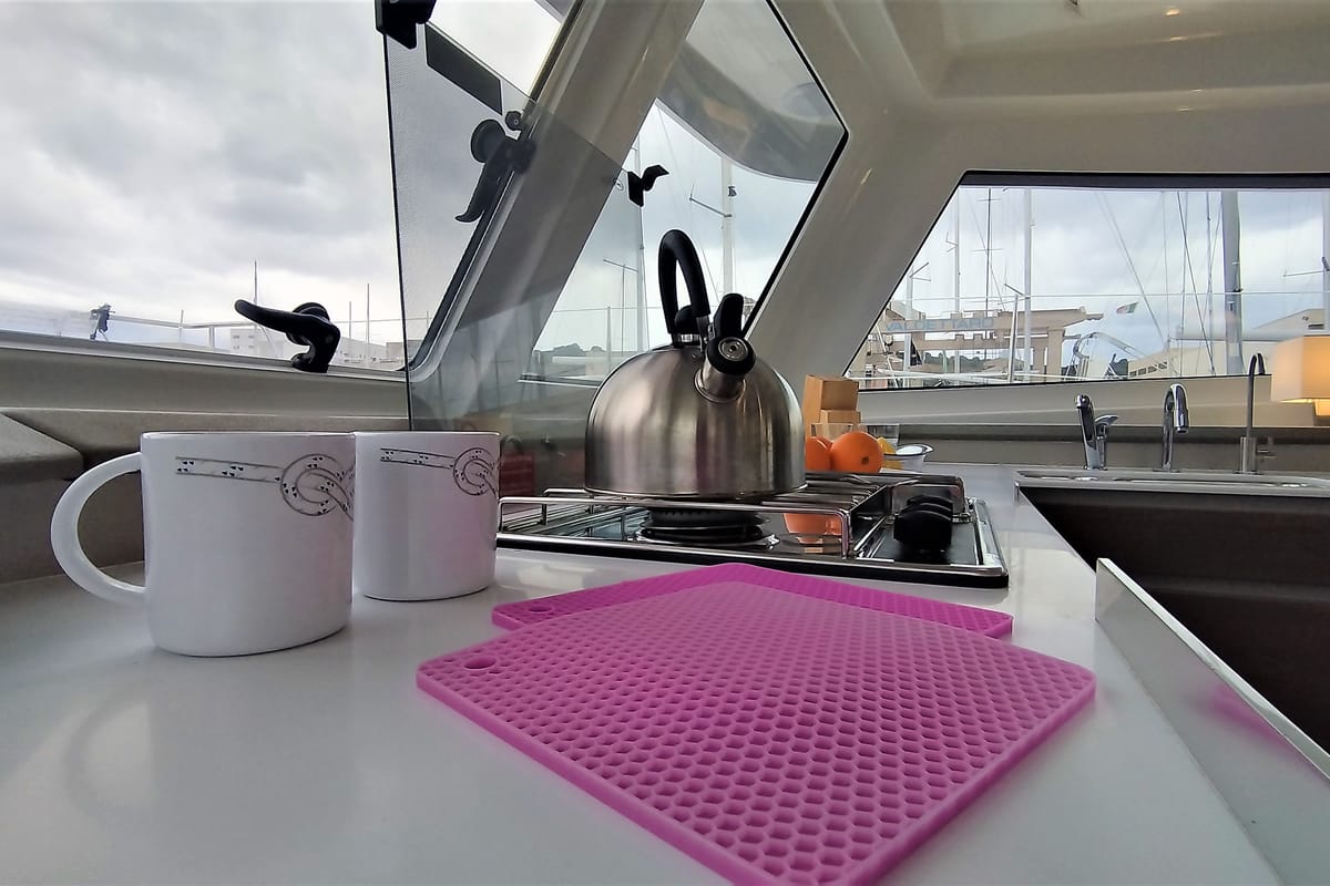 Galley of Tursiops, a Bali Catspace catamaran at Olbia, Italy