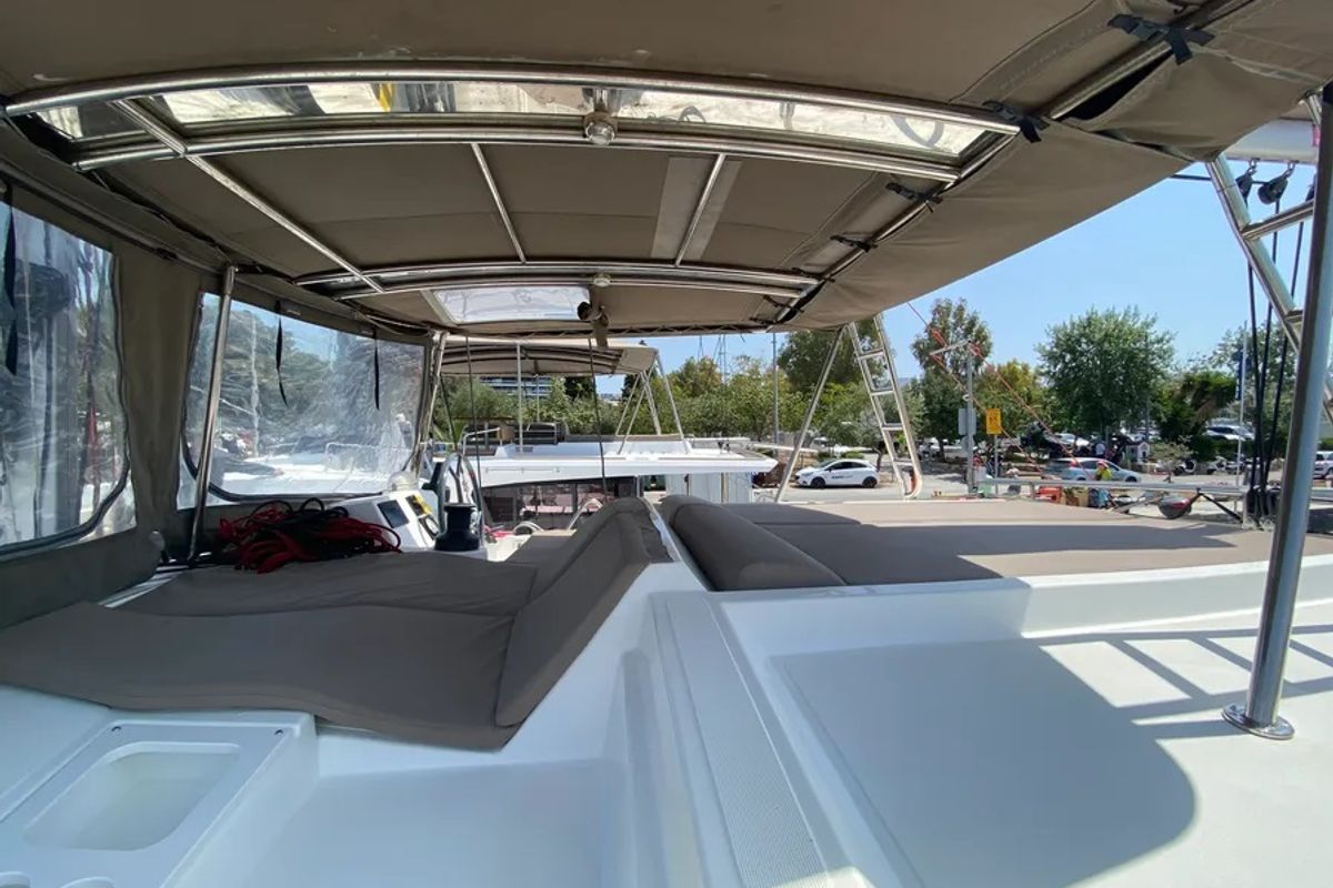 Deck of Nereida, a Bali 4.1 catamaran at Athens, Greece