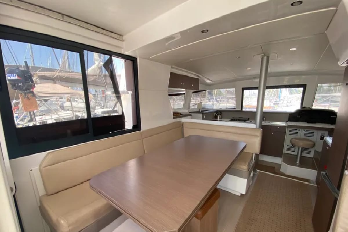 Salon of Nereida, a Bali 4.1 catamaran at Athens, Greece