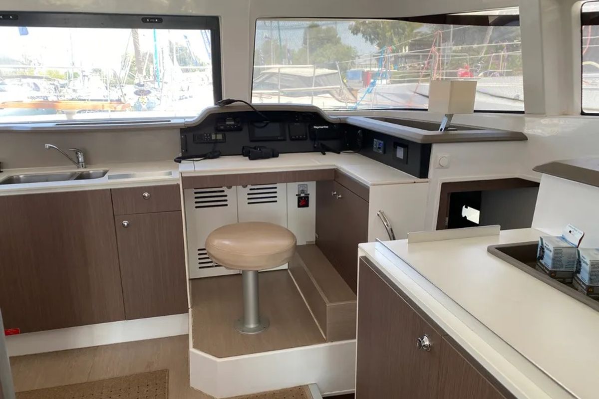 Cockpit of Nereida, a Bali 4.1 catamaran at Athens, Greece