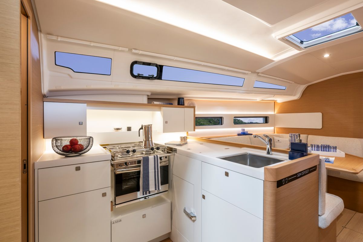 Galley of XTC 4 U, a Jeanneau Sun Odyssey 415 sailboat at Grad Pula, Croatia