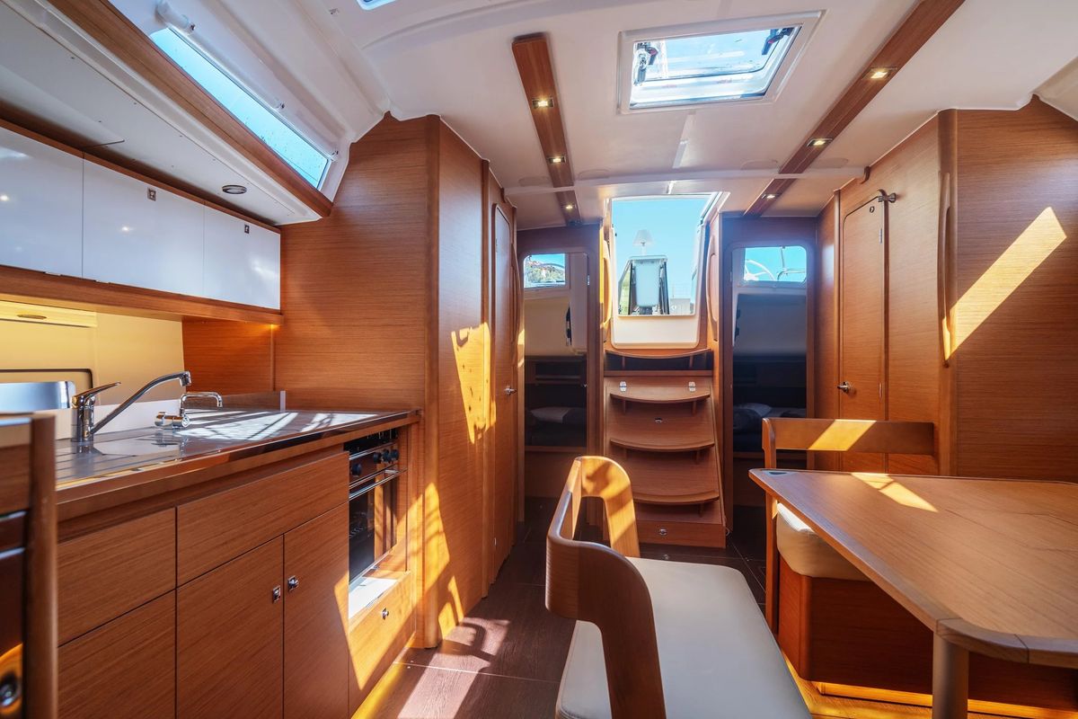 Salon of Ilio, a Dufour 430 sailboat at Cagliari, Italy