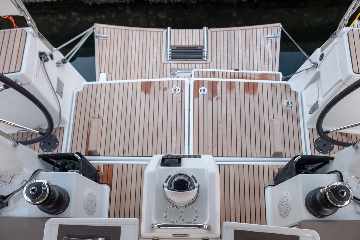 Deck of Ioleta, a Jeanneau Sun Odyssey 440 sailboat at Municipal Unit of Lefkada, Greece