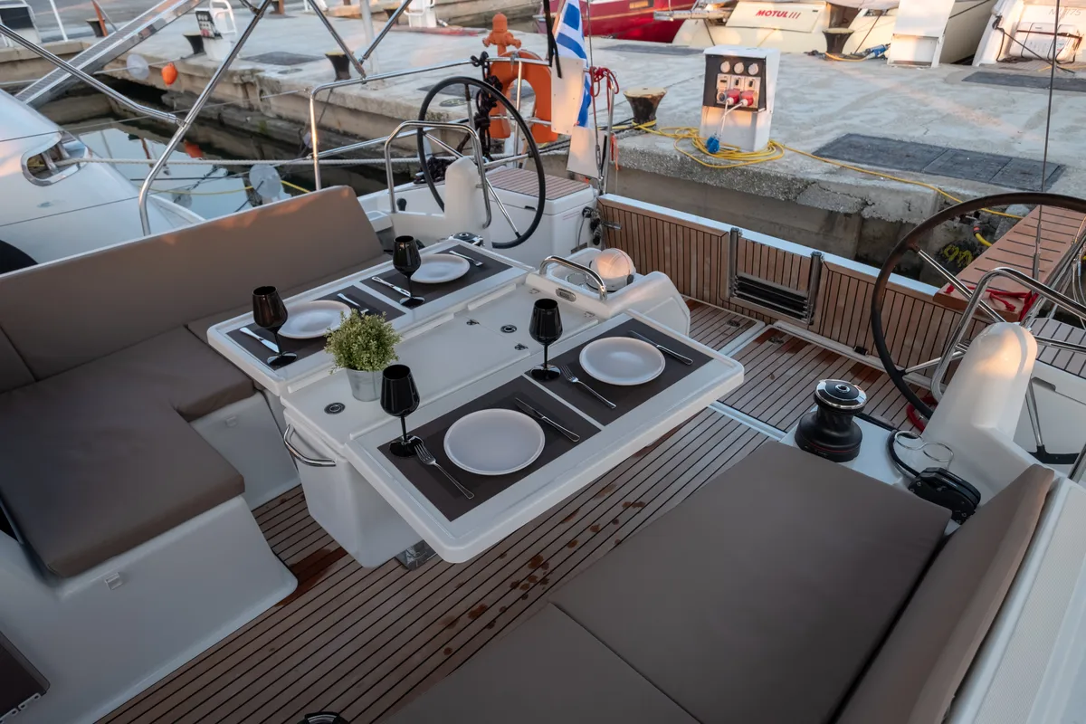 Deck of Ioleta, a Jeanneau Sun Odyssey 440 sailboat at Municipal Unit of Lefkada, Greece