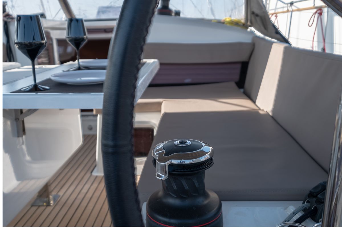 Deck of Ioleta, a Jeanneau Sun Odyssey 440 sailboat at Municipal Unit of Lefkada, Greece