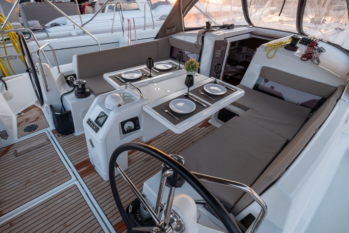 Cockpit of Ioleta, a Jeanneau Sun Odyssey 440 sailboat at Municipal Unit of Lefkada, Greece
