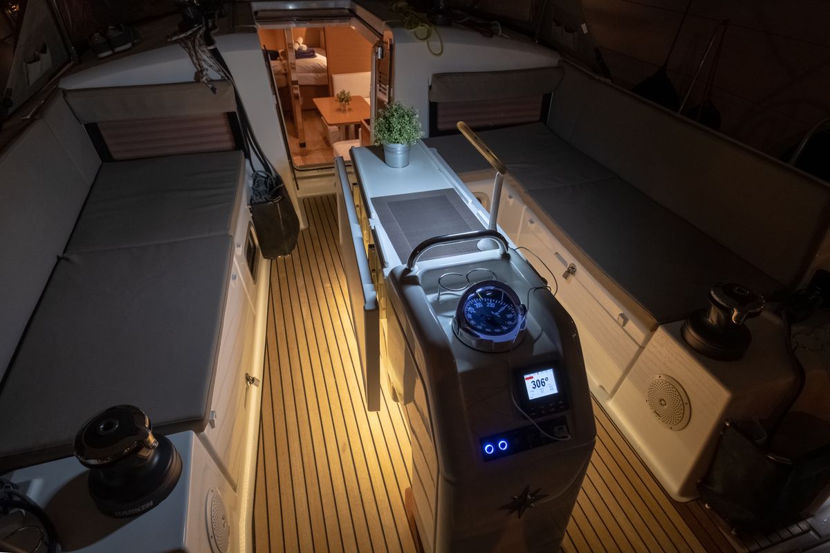 Cockpit of Ioleta, a Jeanneau Sun Odyssey 440 sailboat at Municipal Unit of Lefkada, Greece