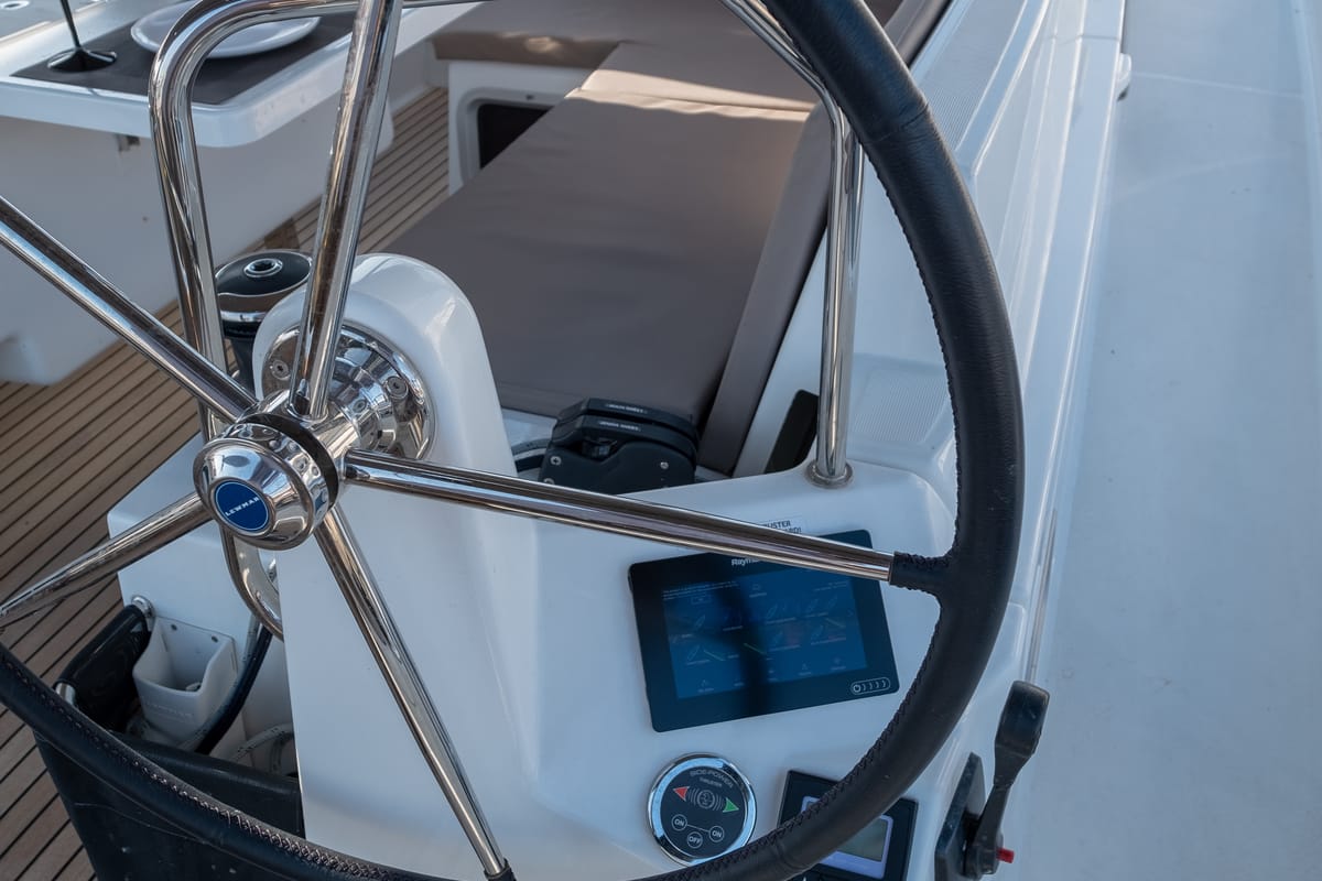 Cockpit of Ioleta, a Jeanneau Sun Odyssey 440 sailboat at Municipal Unit of Lefkada, Greece