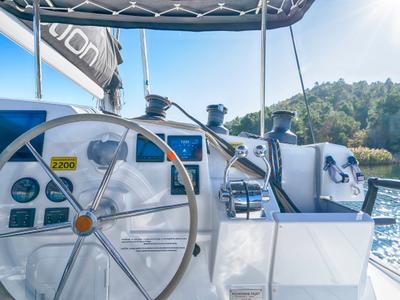 Cockpit of First Step, a Fountaine Pajot Isla 40 catamaran at Skradin, Croatia