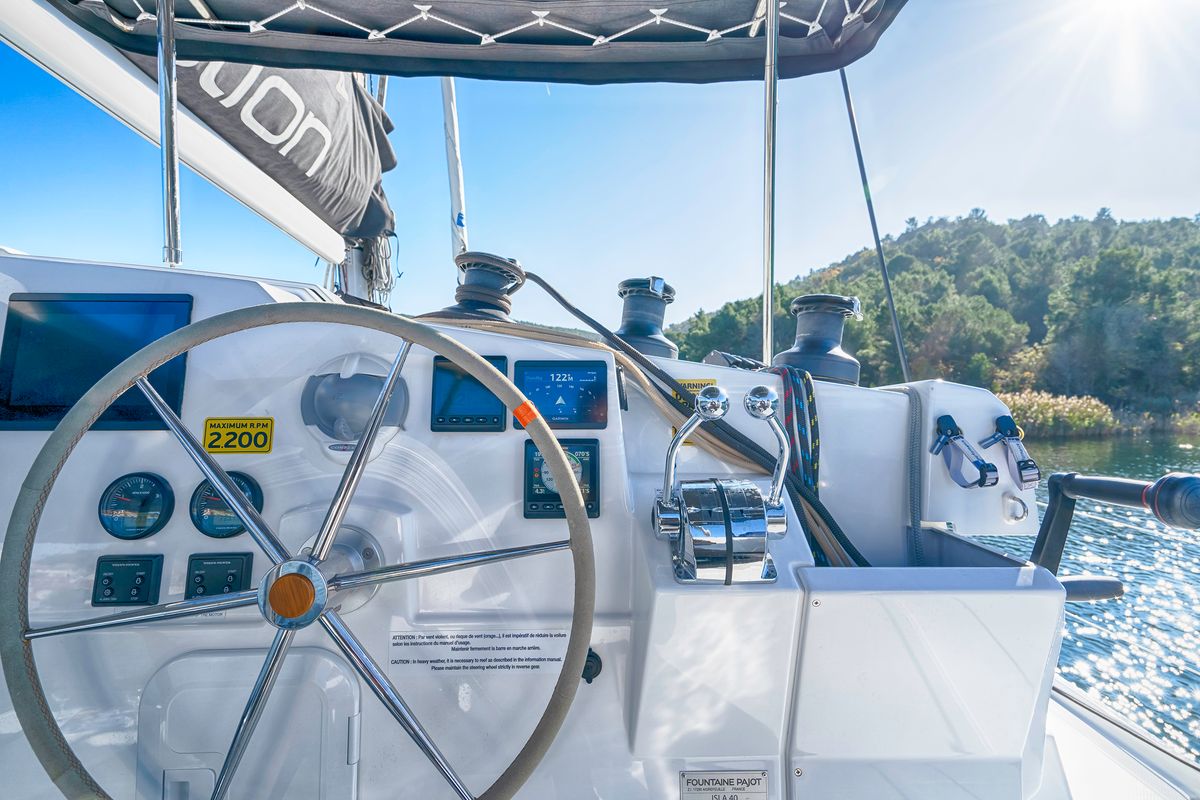 Cockpit of First Step, a Fountaine Pajot Isla 40 catamaran at Skradin, Croatia
