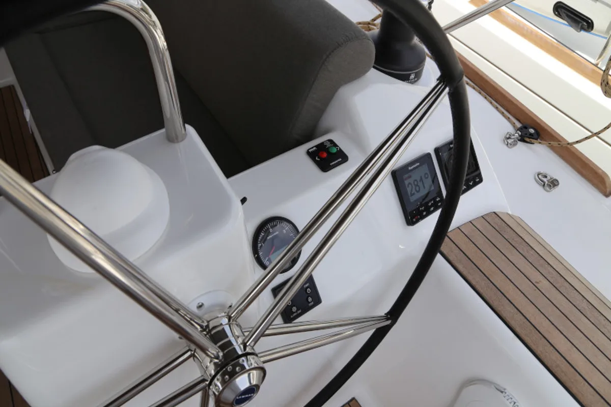 Cockpit of Sea Hawk, a Dufour 460 Grand Large sailboat at Grad Kaštela, Croatia