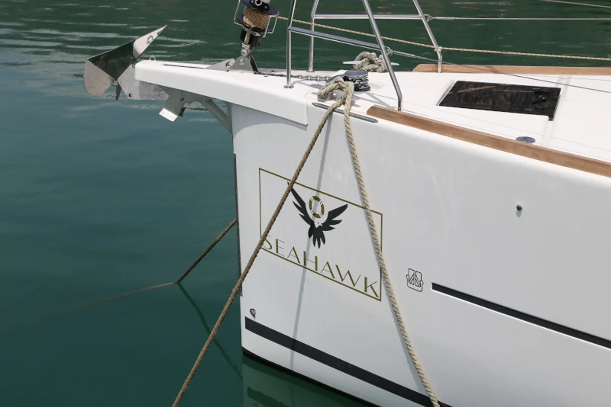 Exterior view of Sea Hawk, a Dufour 460 Grand Large sailboat at Grad Kaštela, Croatia