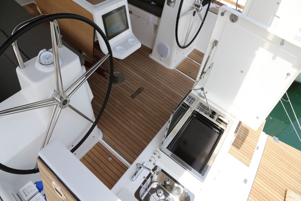 Cockpit of Sea Hawk, a Dufour 460 Grand Large sailboat at Grad Kaštela, Croatia