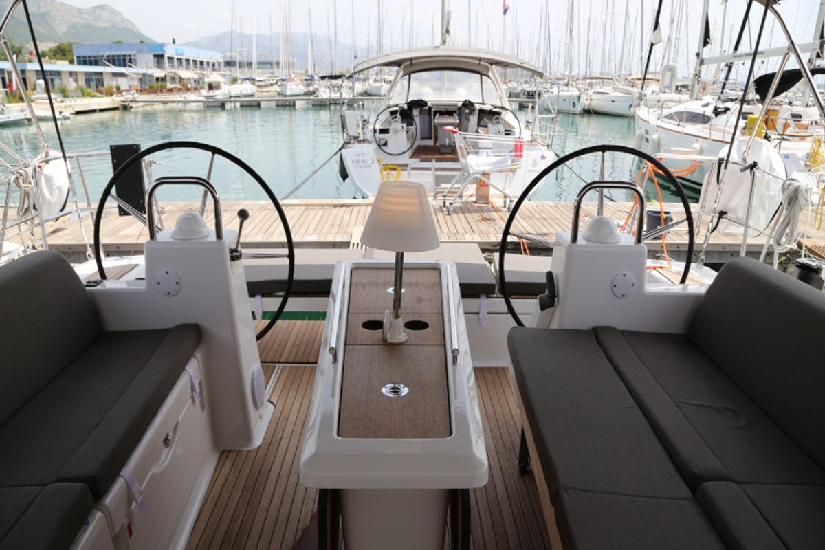 Cockpit of Sea Hawk, a Dufour 460 Grand Large sailboat at Grad Kaštela, Croatia