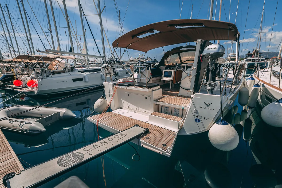Exterior view of Sea Hawk, a Dufour 460 Grand Large sailboat at Grad Kaštela, Croatia