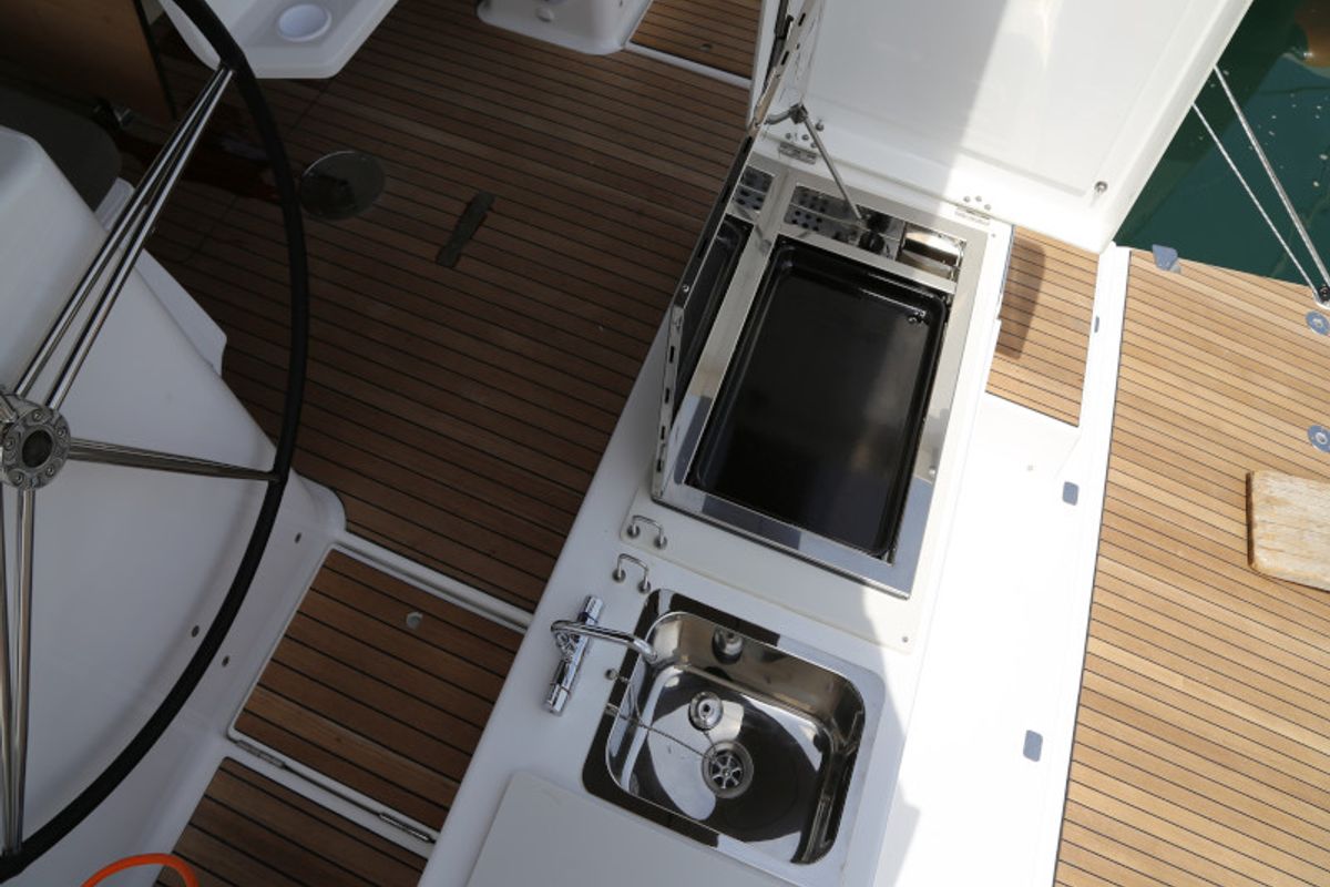Cockpit of Sea Hawk, a Dufour 460 Grand Large sailboat at Grad Kaštela, Croatia